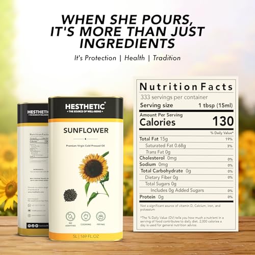 Image of HESTHETIC Premium Edible Cold Pressed Sunflower Oil, 5L, Rich in Healthy Fats, Ideal for Cooking, Frying and Salad Dressings, 100% Pure and Natural, Food Grade Virgin Oil