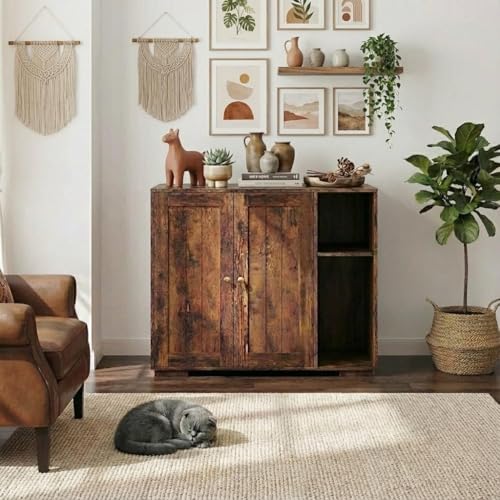 EliteEdge Litter Box Enclosure Cabinet, Built-in Power Outlet & 5 Ft Cord, Cat Litter Furniture with Dog-Proof Shelf and Mat, Fits Most Self-Cleaning Litter Boxes, Brown