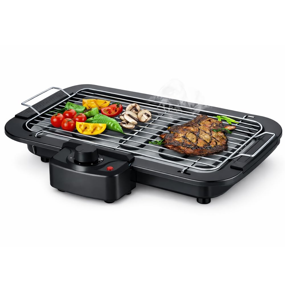 BAKAJI Barbecue Elettrico 2 in 1 2000W di Potenza, Grill da Tavolo e Stand Piedistallo, BBQ Facile da Usare con Manopola per Controllo della Temperatura e Griglia Removibile, Ideale Esterni ed Interni