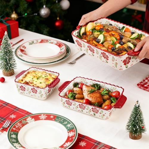 Coloch 3 Pack Ceramic Baking Dishes, Rectangular Bakeware Set Hand-painted Lasagna Pan Porcelain Serving Bakeware for Pasta, Chicken, Kitchen, Banquet, Microwave and Dishwasher Safe - Thumbnail 3
