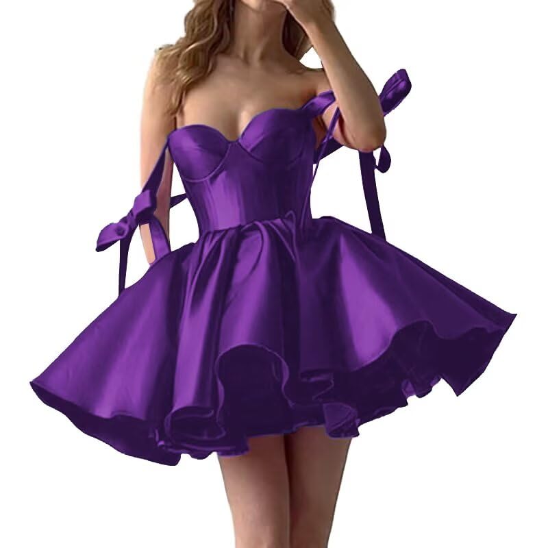 SHANDUAO Womems Satin Off The Shoulder Homecoming Dresses 2025 for Teens Sweetheart Short Cocktail Party Gowns PD076