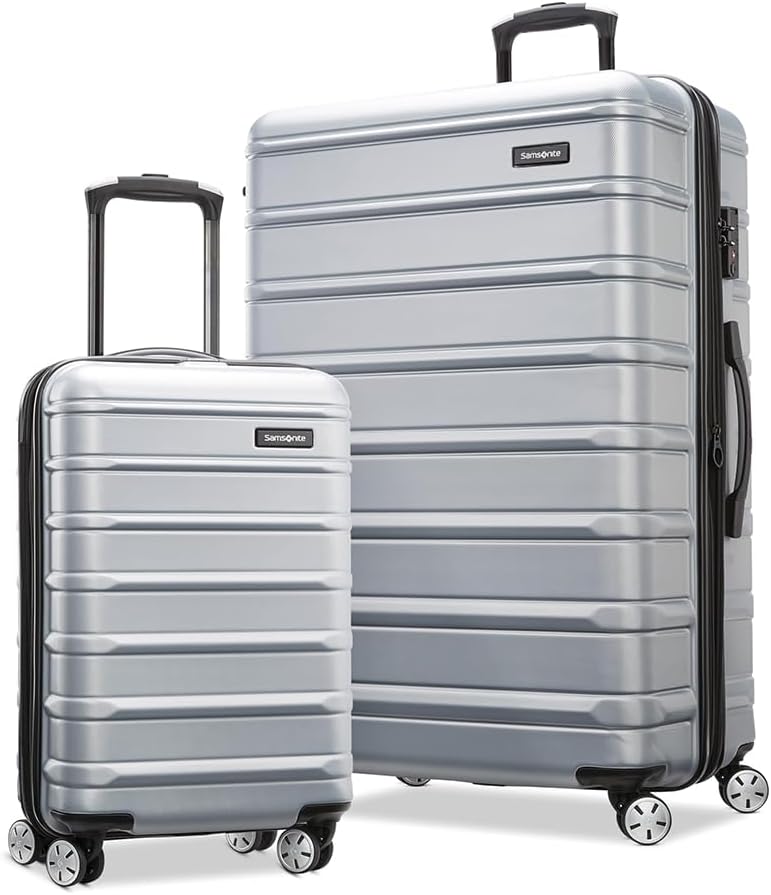 Omni 2 2Pc Set (55 + 79 cm), 4 Spinner Wheels, Polycarbonate, Arctic Silver|Cross Ribbons|Expandable|Internal Divider Pad|TSA Lock - 3 Years International Warranty