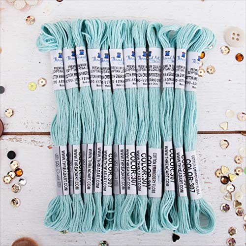 Image of 12 Skeins ThreadArt Cotton Embroidery Floss, Light Aqua | Long fiber cotton embroidery floss for cross stitch, hand embroidery and bracelets. Six-strand floss separates easily.