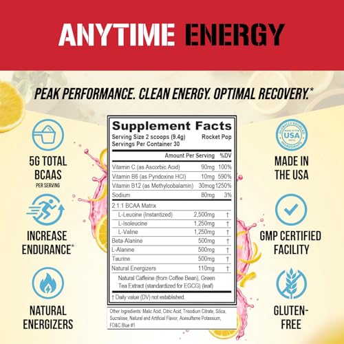 Image of EVL BCAAs Amino Acids Powder - BCAA Energy Pre Workout Powder for Muscle Recovery Lean Growth and Endurance - Rehydrating Post Workout Recovery Drink with Natural Caffeine - Rocket Pop