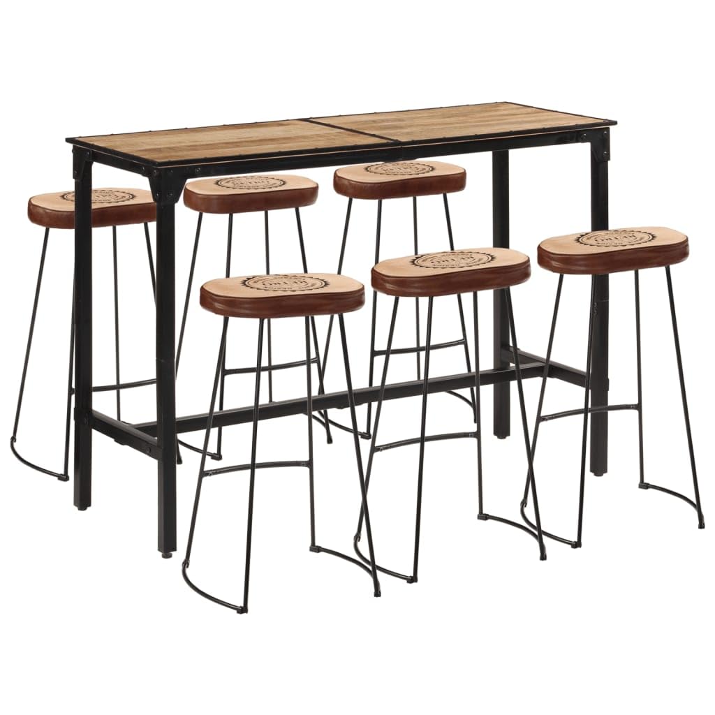 Set da bar in legno di mango grezzo e metallo con 6 sgabelli da bar, set da pranzo per sala da pranzo e cucina, set di mobili moderni salvaspazio per famiglia e ospiti