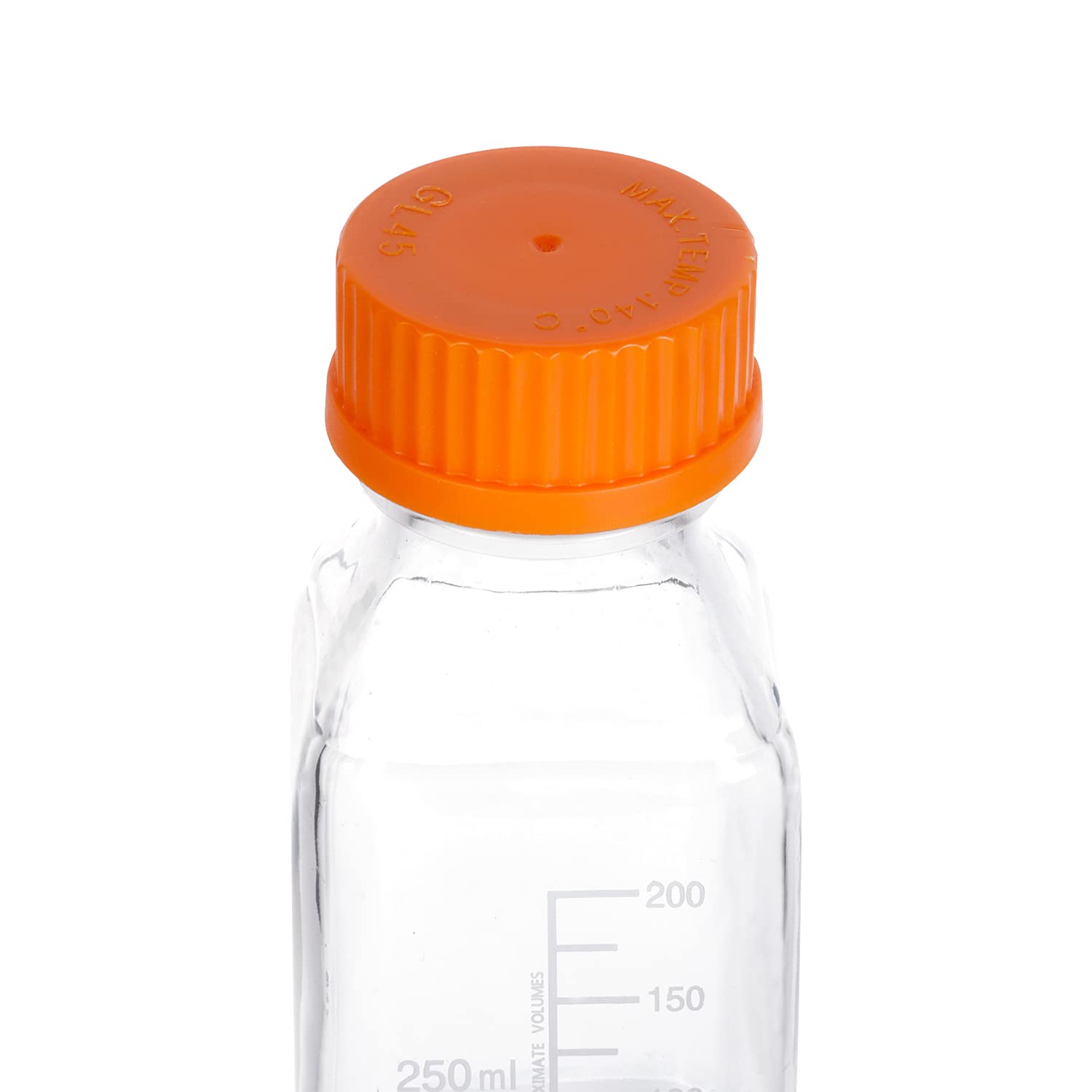 Moonetto Pyrex - Botella de vidrio graduada cuadrada para medios/almacenamiento con tapa de rosca de polipropileno naranja GL45 (250 ml)