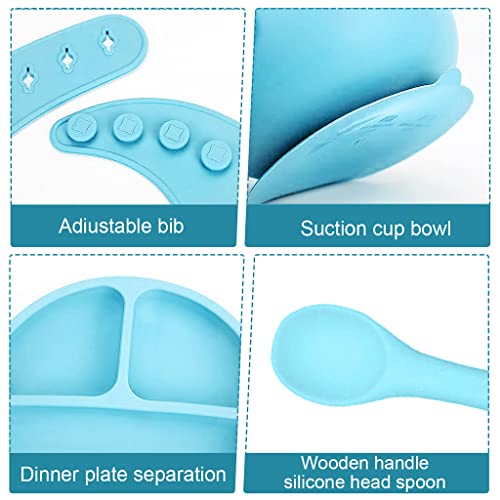 Image of SNOWIE SOFT 5pcs Silicone Tableware Kit for Baby Foodgrade Silicone Tableware Kit Baby Plate & Bowl with Sucker, Cup, Spoon, Bib Food Grade Silicone BPA-Free Dishwasher & Microwave Safe Baby Product