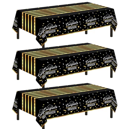 Childom 3 Pack Graduation Tablecloth Graduation Decorations Class of 2026 Graduation Party Decorations 54x108 Black and Gold Plastic Table Cloth Disposable Rectangle for Home School Party Supplies