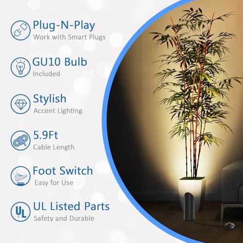 Image of 2 Pack Up Lights Indoor, 6W 3000K Warm White Uplighting Indoor Floor Can Light with GU10 Bulb, Indoor Floor Spotlight for Plants, Wall & Artwork, Plug Cord & Foot Switch, Black