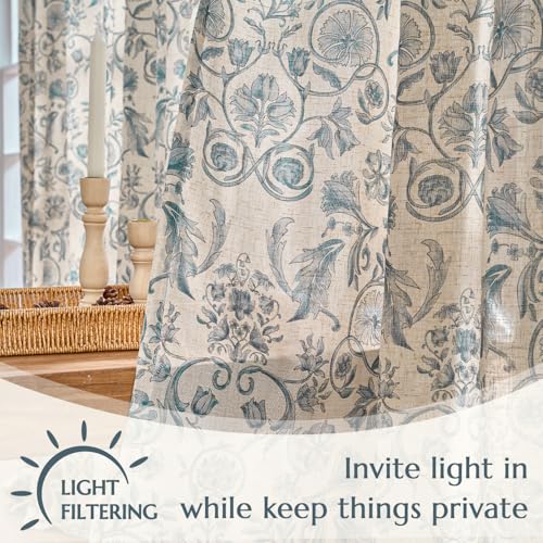 Image of jinchan Linen Floral Curtains for Living Room with Printed Flower 63 Inches Long Light Filtering Farmhouse Window Treatment Vintage Short Drapes Back Tab Rod Pocket 2 Panels Blue on Beige