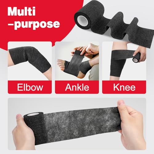 Image of AZEN 12 Pack Black Self Adhesive Bandage Wrap, 3 inch X 5 Yards Elastic Cohesive Bandage Wrap, Vet Wrap, Ankle Tape, Tattoo Grip Tape Wrap