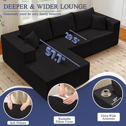 Image of Modular Sectional Sofa for Living Room, 108 inch Cloud Couch Sectional with L-Shape Chaise, Modern Upholstered Corduroy Boneless Couch with Memory Foam Deep Seat, No Assembly Required (Black)