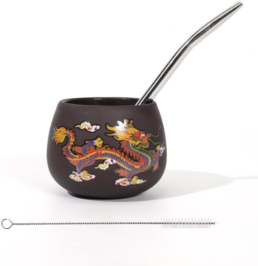 Yerba Mate Cup Set, Include 1100ml Tea Container, 2 Ceramic Color Changing Mate Cups with Bombilla Straws and Cleaning Brush