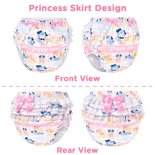 Image of LittleForBig Silky Washable Reusable Waterproof Ruffled Lace Bow Puppy Love Little Blue Pattern Ruffle Adult Diaper Cover L