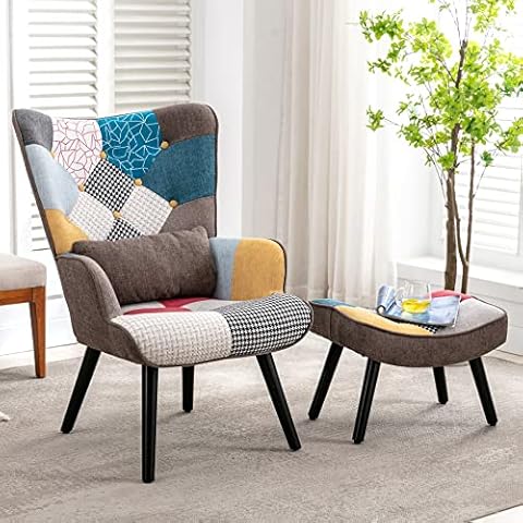 HomeMiYN Patchwork Accent Chair with Ottoman, Modern Colorful Reading Armchairs with Footrest, Splicing Wingback Chair with Wooden Legs for Living Room, Bedroom Cover