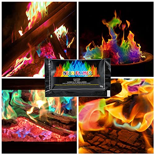 Buntes Feuerpulver, Magic Fire Pulver, Buntes Feuer, Neon Flames, Farbe Zauberpulver Feuer und Geeignet für Lagerfeuer und Außenkamine, Party und Halloween und Weihnachte, Outdoor Events - 10 X 10g