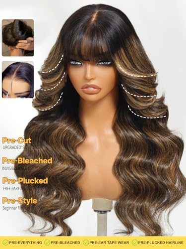 Image of Sunber Ombre Brown Highlight Balayage Loose Body Wave With Bangs Glueless Wigs Pre cut 7x5 HD Lace Front Bye Bye Knots Drawstring Wig 24Inch Put On Go Pre Plucked Bleached Invisible Knots 180% Density