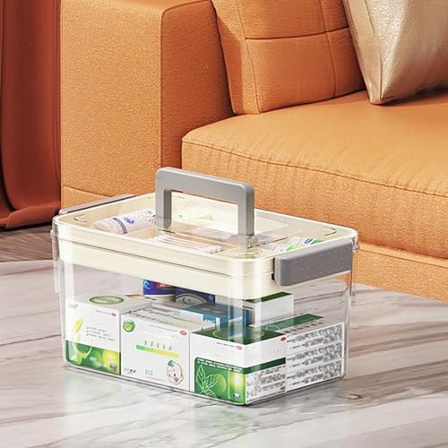 COSTYERT 2-Tier Medicine Storage Box with Handle, Clear Plastic First Aid Organizer for Home & Travel, Multi-Compartment Emergency Supplies Container, Family Medicine Box, Pill Bottle Organizer