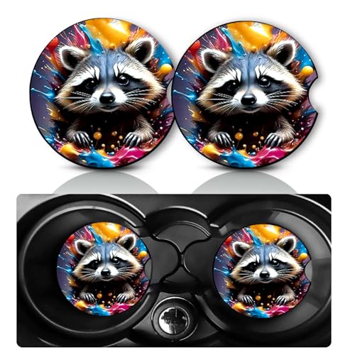 2 Pack Raccoon Car Cup Holder Coasters 2.75" Universal Size Anti Slip Rubber Mat Raccoon Gifts for Women Men Neoprene Auto Insert Cars Coasters Raccoons Car Accessories Interior Decor