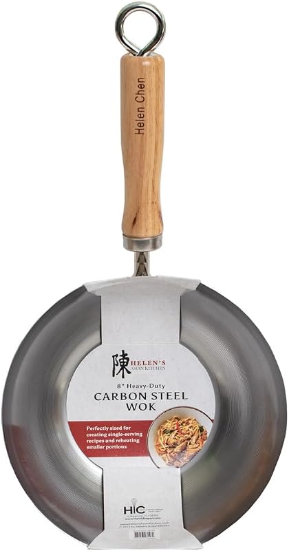 Helen's Asian Kitchen Carbon Steel Mini Wok, 8-Inch, Flat Bottom Chinese Stir Fry Pan With Rubberwood Handle For Single-Serve Stir Fry, Fried Rice, Noodles, And Asian Cooking