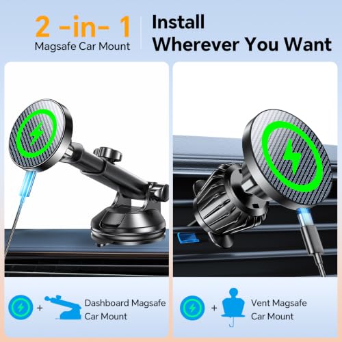 Image of Coolpow for MagSafe Car Mount Charger【Ultra Magnet】 Magnetic Phone Holders for Your Car Charger【Windshield+Vent+Dash】 Magnetic Wireless Car Phone Holder Charger Car Mount for iPhone 17 (Carbon Fiber)