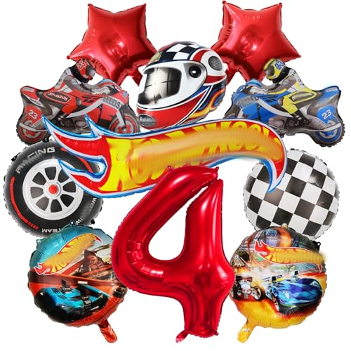 4 ans Décoration d'anniversaire sur le thème des voitures pour enfant, 11PCS décorations de ballons pour voitures Inclure Voiture de course, Voiture de course à damier noir et blanc, Ballons chiffre