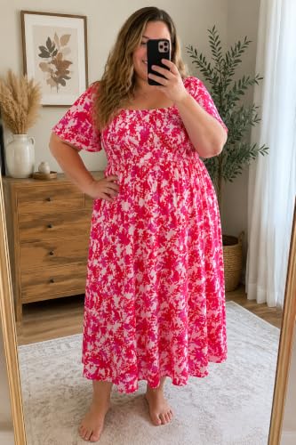 Image of RITERA Plus Size Dresses for Curvy Women Square Neck Short Sleeve Summer Floral Smocked Maxi Dress with Pocket XL-5XL