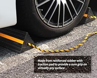 MaxxHaul 50019 Heavy Duty 3-Sided Rubber Wheel Chock with Yellow Reflective Strips and Nylon Rope and Non-Slip Base - 1 Pair