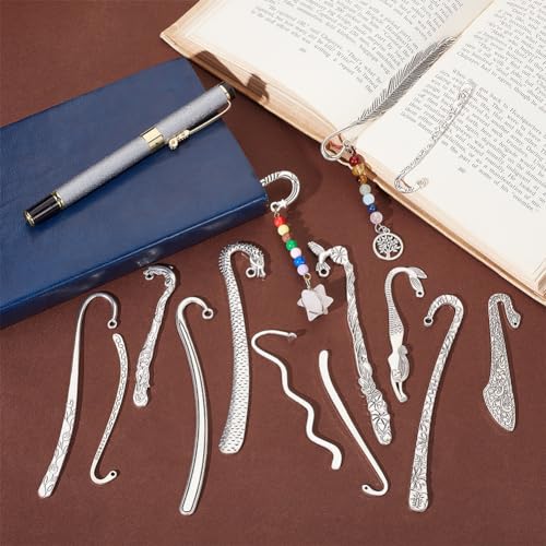 UNICRAFTALE 14pcs 14 Styles Tibetan Style Alloy Bookmarks Findings Antique Silver DIY Vintage Bookmark Unique Carved Hook Pendant Charm Book Marker with Loops for Book Lover DIY Project Gift - Image 4