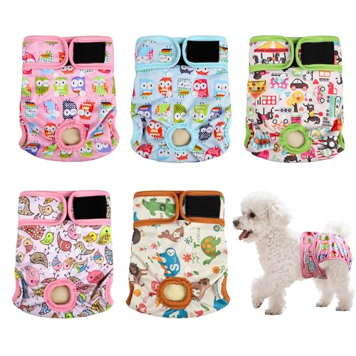 Image of Dog Diapers Female 5pcs,Reusable Dog Doggie Puppy Doggy Diapers Female, Period Panties in Heat, Owl, Medium