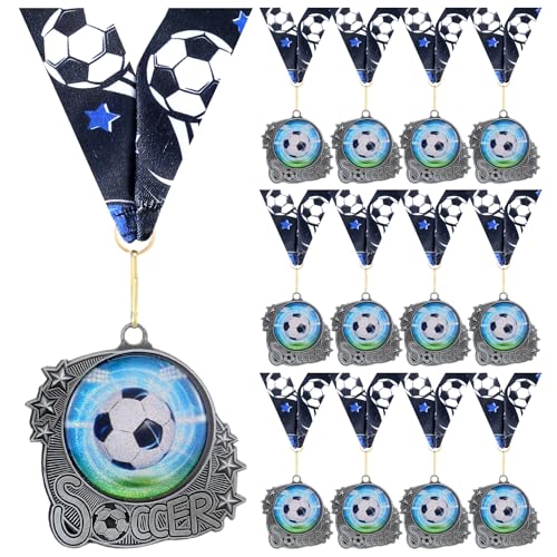 Seenelling 12/24 Pcs Soccer Medals Silver Metal Award Medals with Ribbon Sport Ball Trophy Prize for Participation Sports Ball Themed Party Favors(12 Pcs Soccer)