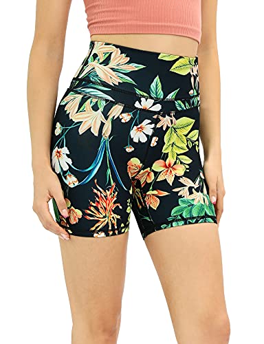 ODODOS Women s High-Rise Yoga Shorts with Inner Pocket Workout Running Biker Exercise Shorts-Inseam 5 , Tropical Flower, X-Large