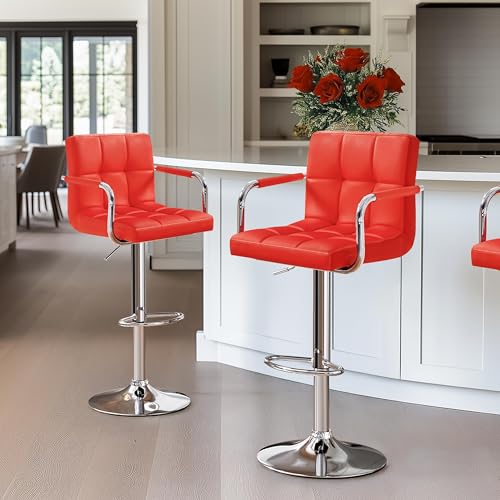 Image of Yaheetech Bar Stools Set of 2, Swivel with Backs, Adjustable Height, Red