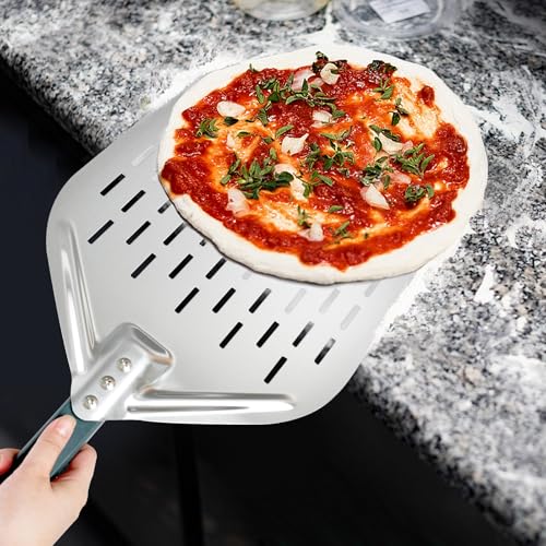 KIANGKIANG Pizzaschieber 40 * 30cm 12 Zoll Aluminium Pizzaschieber perfekter Größe und perforiertem Design für ein einwandfreies Pizzabacken (Grau)
