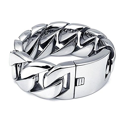 Qiaonitu 31Mm Large Heavy Mens Stainless Steel Cuban Curb Biker Chain Bracelet Link Wrist Silver Gold Tone (Silver 24Cm) #TOP2