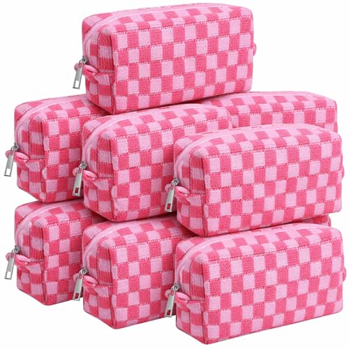Giesiery 8 Pcs Checkered Makeup Bag Bulk Cosmetic Organizer for Women & Teens Preppy Travel Toiletry Pouch for Skincare & Brushes Bridesmaid Proposal Gifts (24, Pastel Color)