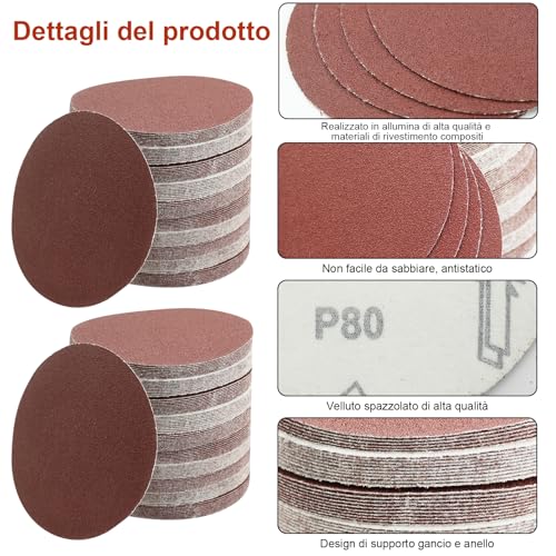 100 Stück Schleifpapier 80 Körnung 125 mm rund Schleifpapier Sand Oxid Aluminium Beflockung Glaspapier mit Haken und Ring, für Metall, Orbital