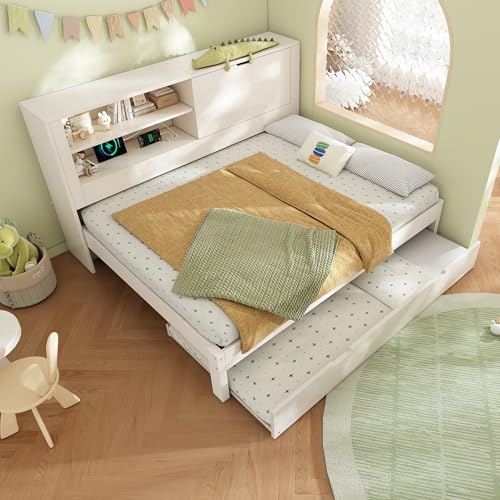 Lit en bois, 140 x 190 cm, avec lit gigogne 90 x 190 cm, cadre de lit double avec panneau arrière...