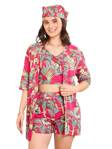Image of WineRed Cotton Woman Beige 3Pcs Coord Set With Shorts, Floral