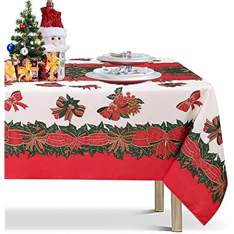 LUSHVIDA Christmas Tablecloth Rectangle - Holly Ribbon Pattern Washable Wrinkle Resistant Holiday Tablecloths for Christmas Family Gathering, Dining Room Table Decoration(60X102 inch) Cover