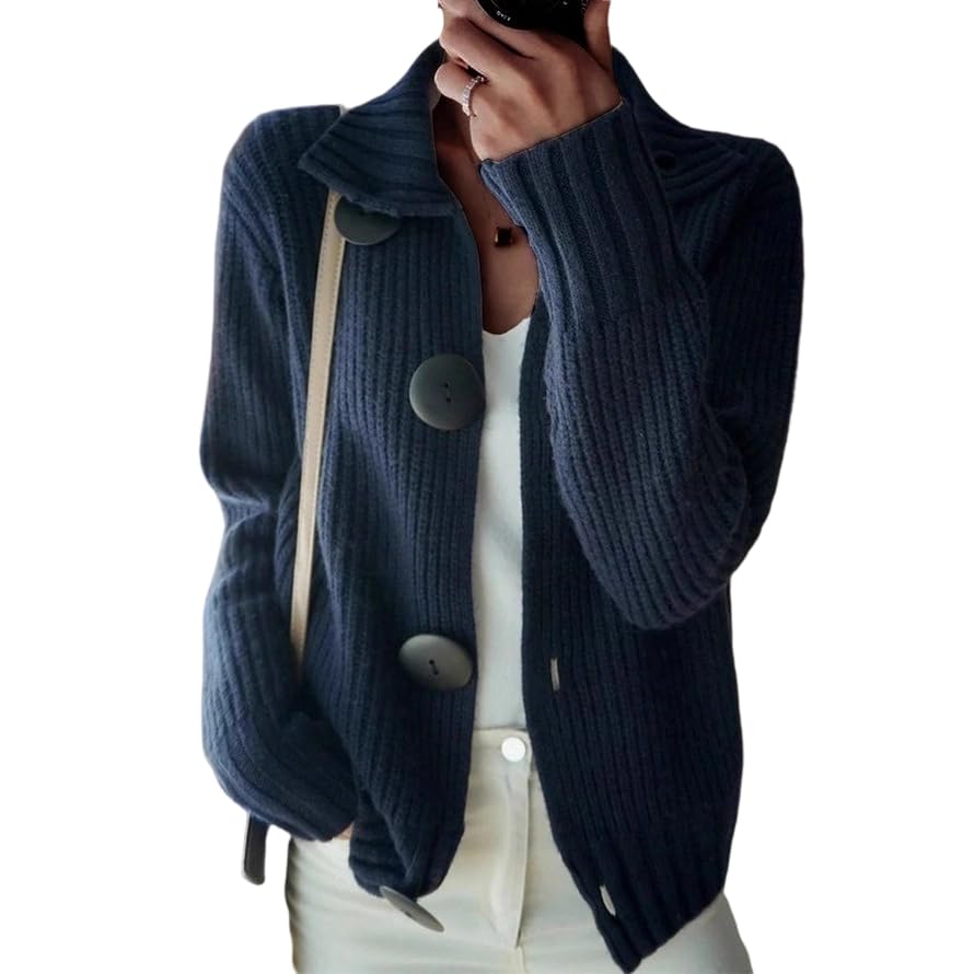 Womens Button Down Chunky Ribbed Cardigan Sweater Fall Casual Lapel Collared Open Front Knit Outerwear for Women