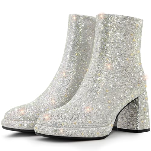 Rhinestone Boots For Women Chunky Block Heeled Sparkly Platform Ankle Booties Glitter Shoes Wedding Bride3