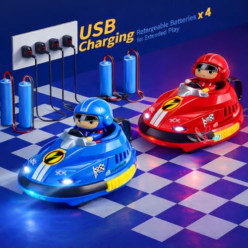 Image of RC Go Kart Bumper Car Battle Set for Kids, 2 Player Dashing Car with Extra Batteries, Multiplayer RC Battle Cars with 360 Stunts, Lights & Music, Rechargeable 2.4GHz Racing Toy, Red & Blue