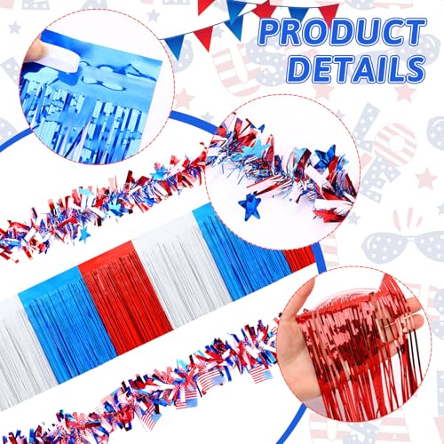 Image of MARFOREVER 105 FT 4th of July Parade Floats Decorations Set 4 Patriotic Foil Fringe Curtains and 4 American Tinsel Garland Red White and Blue Decorations for Independence Memorial Day Party Decor