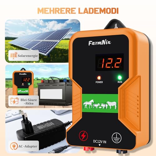 12V Weidezaungerät mit LED Anzeige, 2J Wasserdicht Elektrischer Weidezaun 230V für 15 KM Reichweite, LED Display Eelektrozaun für Schutz von Nutztieren,Haustieren,Geflügel, Hausweide,Gärten (Orange)