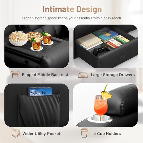 Image of Leather Sectional Couches for Living Room, L Shaped 5 Seats Reclining Sectional Sofa with Massage, USB & Console, Manual Recliner Corner Couch with Flip-Down Backrest & Cup Holders, for Home Theater
