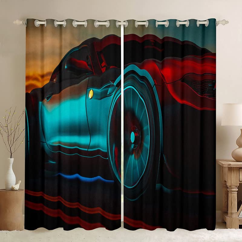 Cortinas de oscurecimiento de Coche de Carreras Dreapes Speed Sports Car Cortinas Dormitorio Sala de Estar Niños Adolescentes Coche de Carreras Cortinas Opacas Deportes Extremos Verde Negro Tratamien