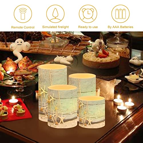 Image of Flickering Flameless Candles 4 Pieces Set, LED Pillar Candles with Timer Battery Operated Tea Lights for Coastal Decor, Beach Starfish with Blue Wood Grain