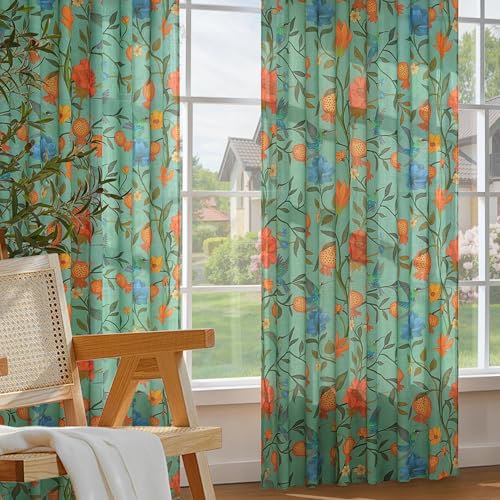 Image of JOOJA 72 Inch Boho Floral Curtains Tropical Bird Print Linen Semi Sheer Window Drapes for Kitchen, Bedroom, Bathroom, Living Room, Dining Room, Green