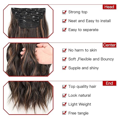 Xtrend 20Inch Dark Brown Golden Wavy Clip in Hair Extensions - 4PCS Full Head Set, Thick Curly Wavy Synthetic Hair - Image 3